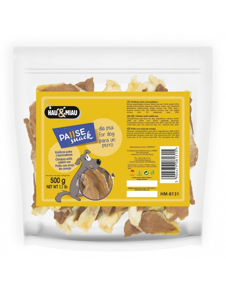 haumiau-dog-pause-snack-rabbit-ears-with-chicken.jpg חטיף אוזני ארנבת ועוף 500 גרם – תמונה 1