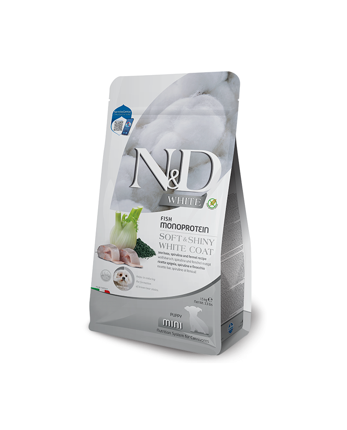 nd-white-dog-sea-bass-fennel-spirulina-puppy-mini.png ND מזון כלבים לבנים לברק 1.5 ק"ג – תמונה 1